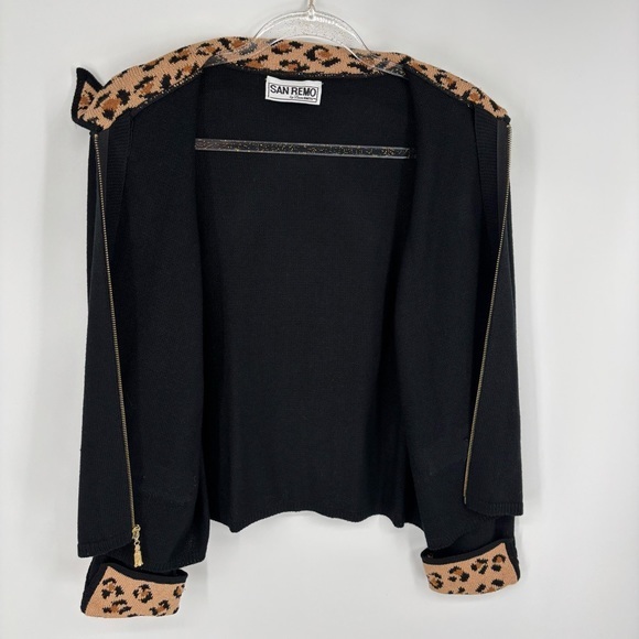 Vintage San‎ Remo by Laura Knits Leopard Print Trim Black Cardigan Size Medium - Picture 10 of 10